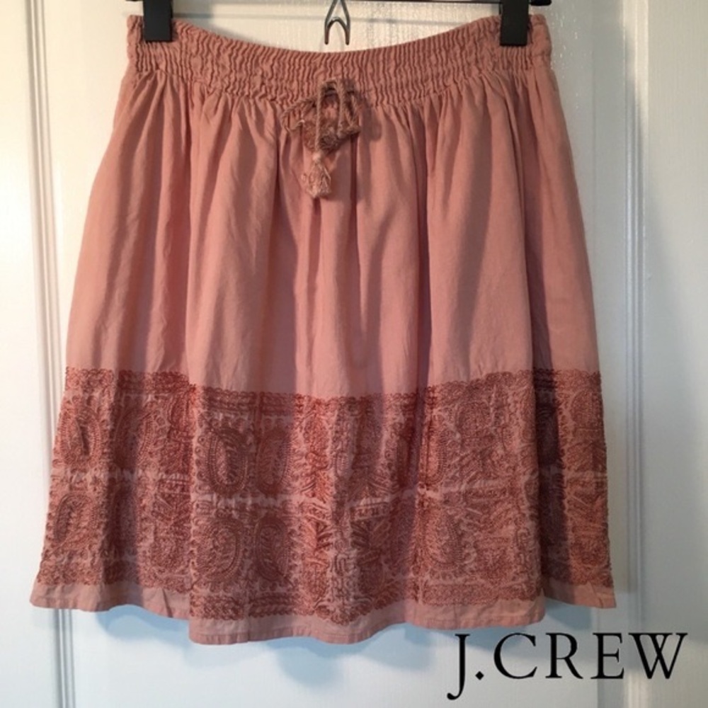 J.Crew Pink Embroidered Paisley Mini Skirt Elastic Waist Tassel‎ Boho Womens S